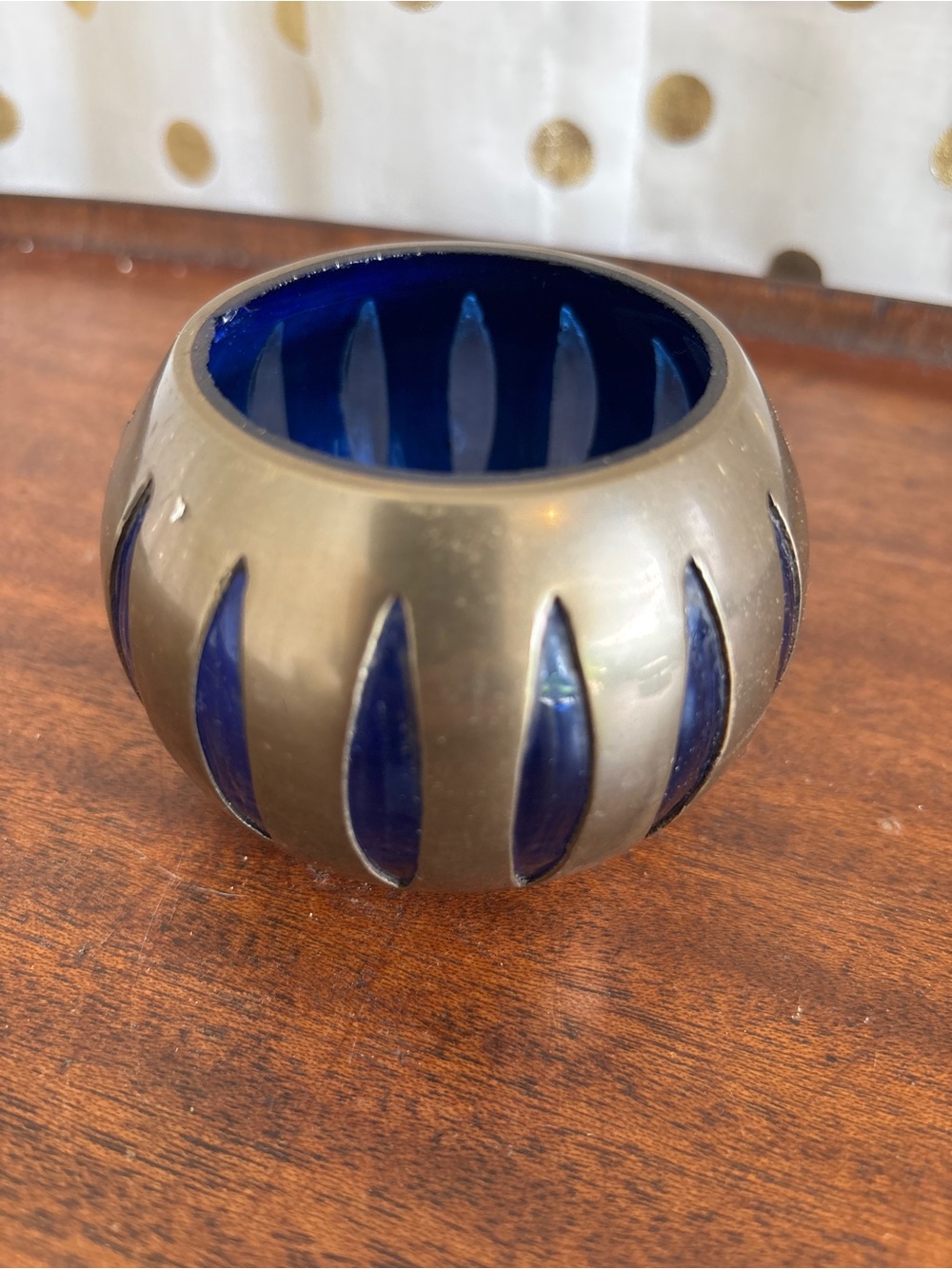 Vintage Brass-Caged Votive Holder Cobalt RoyalBlue Glass Insert Vertcial Cutouts